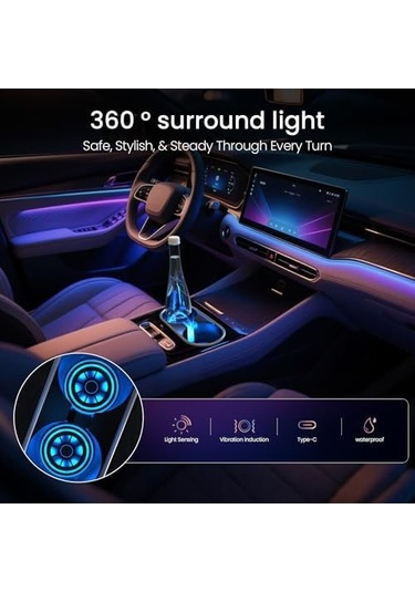 Samdoo 2 Adet Şarjlı Titreşim Sensörlü Led Araba Bardak Tutucu Lambası - 7 Renkli Degrade Araç İçi Dekorasyon Aksesuarı