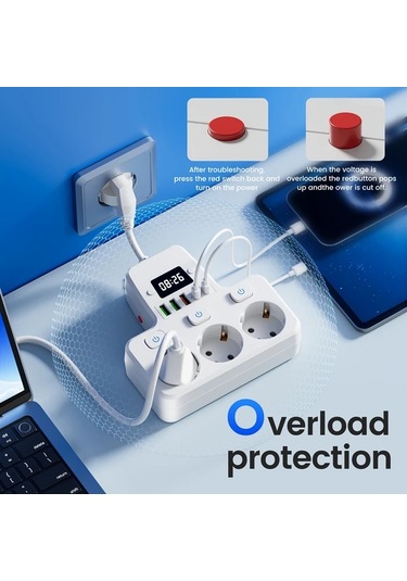 Xuweiwei 9lu 1 Arada Dijital Saatli Ayarlanabilir Zamanli Ab Guc Panosu Beyaz 3 Ac Priz 3 Usb 2 Tip C Portu Asiri Yuk Korumali Ev Ofis Seyahat Icin