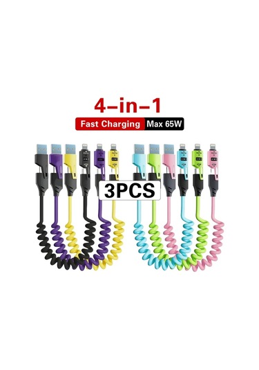 Userfriendly11 3 Adet Pd 65w 4ü 1 Arada Yaylı Şarj Kablosu 15 M Yeşil Mavi Pembe Samsung Xiaomi iPhone Uyumlu