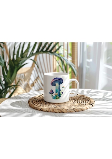 J Baş Harfi Fantastik Mantarlı Kupa Bardak - Kişiye Özel Masalsı Bardak - Hediye Beyaz