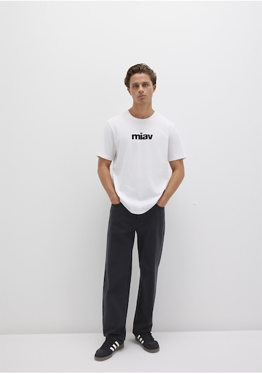 Mavi - Siyah Miav Baskılı Beyaz Tişört 067153-602 Beyaz