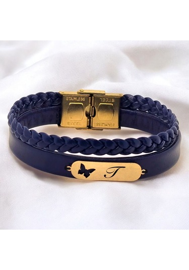Archin T Harfine Özel 14 Ayar Altın Plakalı Lacivert Derili Kelebek Motifli Hediye Bileklik-616harf T