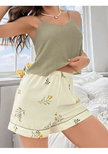 Kadın Ekru Çiçek Baskılı Şortlu Gecelik Pijama Takımı 5099 Ekru
