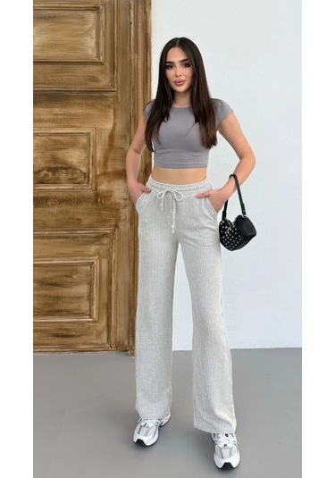 Yandan Cepli Beli Bağcıklı Su Yolu Kadın Çizgili Pantolon Gri