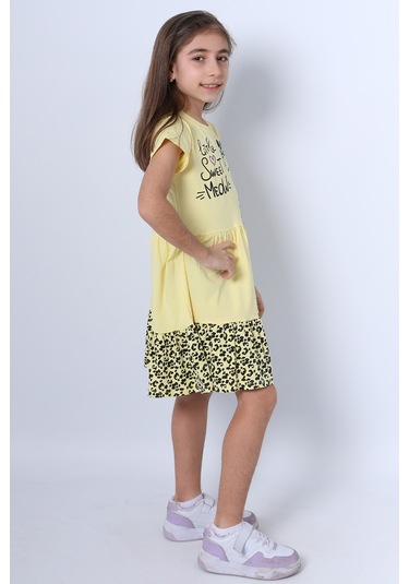 Kız Çocuk Elbise Fırfırlı Kedicik Baskılı C13 Sarı