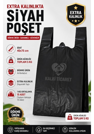 Ekstra Kalın Siyah Poşet 40x75 Cm Dayanıklı Dökme Poşet 5 Kg