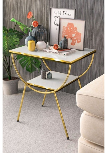 Yan Sehpa Komodin Metal Ayak Çift Gold Beyaz 1975 Beyaz