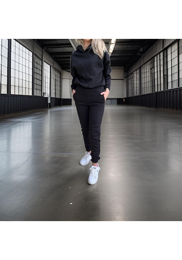 Ceyss Design Oversize İki İplik Şardonlu Beli Lastikli Kadın Eşofman Takımı-siyah Siyah