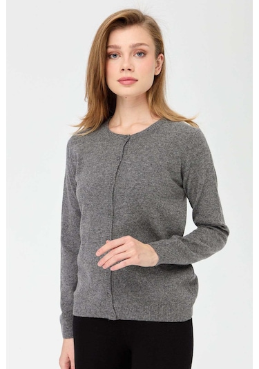 Desen Triko Kadın Sıfır Yaka Triko Yün Hırka 21031 Füme