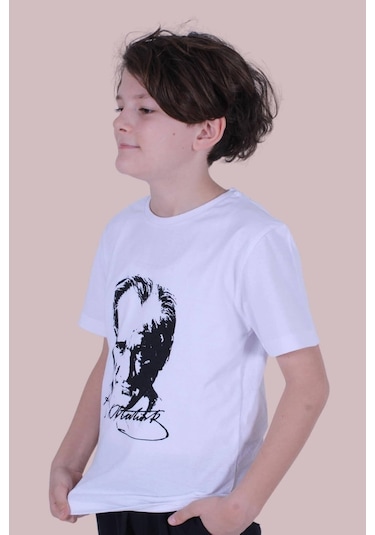 Atatürk Imzalı Ve Baskılı Unisex Çocuk Beyaz Tişört Beyaz