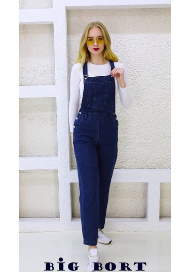 Yandan Düğmeli Kot Enzim Kumaş Salopet & Tulum-9654 Lacivert