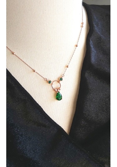 Yeşim Taşlı Özel Tasarım Gümüş Kolye 50Cm-Rose Gold