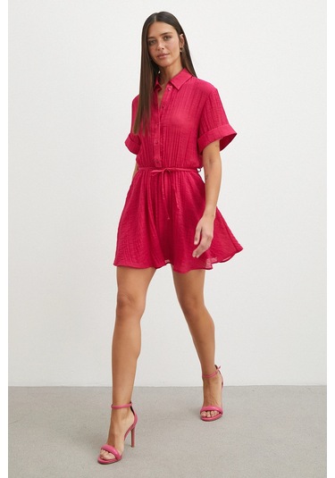 Uterpe Hakim Yaka Katlı Şifon Elbise Fuşya