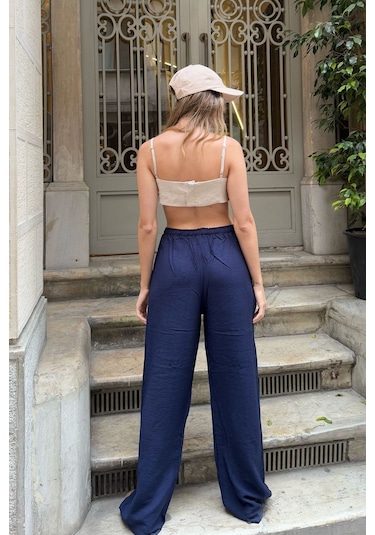 Pembe Keten Karışımlı Bol Kesim Pantolon Lacivert
