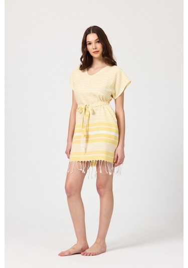Mulberry Katya Plaj Elbisesi Tunik Pareo %100 Pamuk Sarı