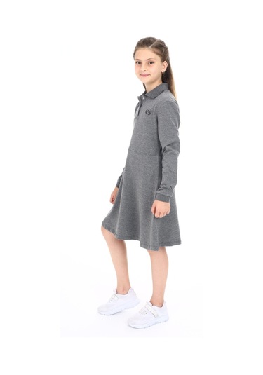 Toontoy Kız Çocuk Polo Yaka Çıtçıtlı Göğsü Baskılı Elbise Antrasit Melanj