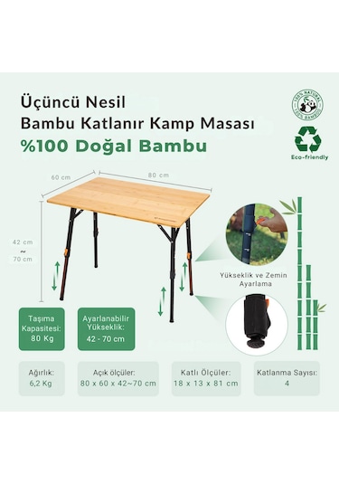 Kingcamp Bamboo All-terrain M 80x60 Bambu Kamp Masası Ahşap - Siyah