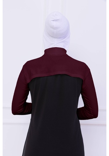 Balıkçı Yaka Boyunluklu Kolluk Bordo - Likralı Dik Yakalı Kadın Body Tesettür Crop Bolero Bordo