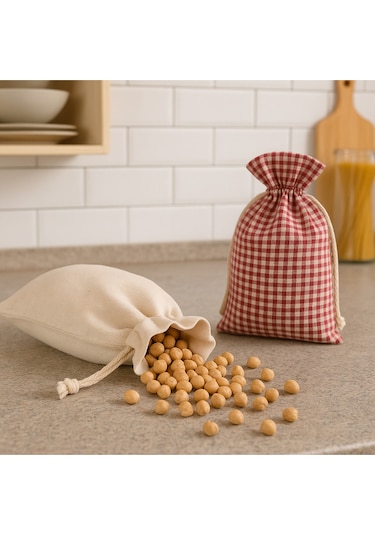 Kuru Gıda Ve Kahve Saklama Kesesi 3 Lü Set Pamuklu Büzgülü Kumaş Kese Bej