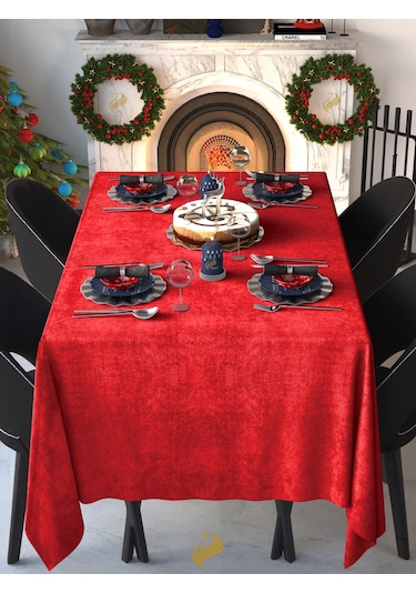 Kadife Dokulu Saltanat Kırmızısı Dertsiz Masa Örtüsü Saltanat Kırmızısı
