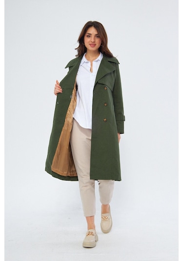 Pastelastore %100 Pamuk Gabardin Uzun 110cm Astarlı Kemerli Kadın Trençkot 1111 Koyu Haki