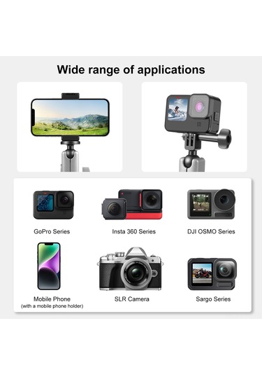 Ranyeek Alüminyum Spor Kamera Tutucu, 360 Döner İki Toplu, 15-50mm Çap Aralığı, 2kg Yük Kapasitesi, Gopro/djı/ınsta360 Uyumlu Gümüş