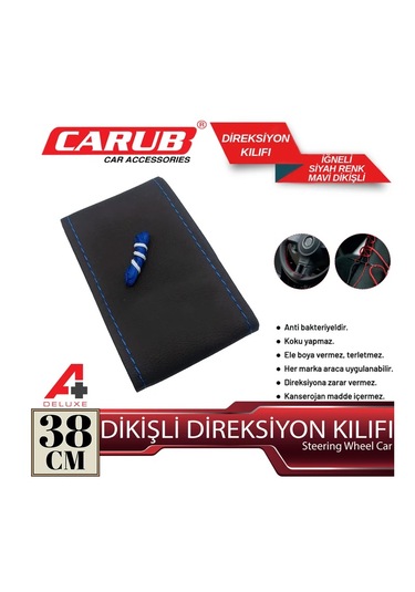 Direksiyon Kılııfı İğneli 38cm Delüx Siyah Mavi Dikişli