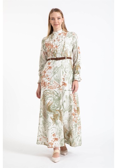 Hasır Örgü Kemer Detaylı Desenli Emprime Elbise Haki-haki Haki