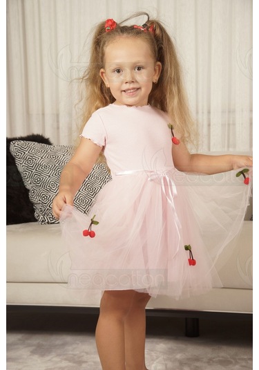 Tüllü Astarlı Esnek Kirazlı Elbise Kısa-pembe Pembe