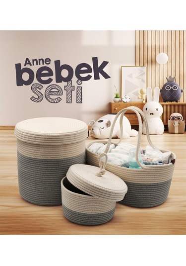 Jasper Jüt İp Hasır Gri Anne Bebek Bakım Çantası Anne Bebek Set Bej