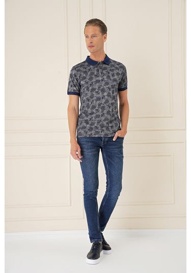 Slim Fit Dal Yaprak Desen Polo Yaka Pamuklu Lacivert Tişört Ts 884 Lacivert