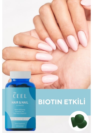 VitaCeel Saç Tırnak Vitamini Çiğnenebilir Vegan Gummy Biotin 5000, Vitamin D, Çinko, Folik Asit, At Kuyruğu