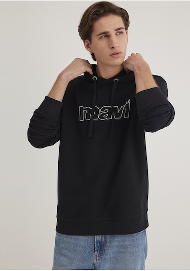 Mavi - Mavi Logo Baskılı Erkek Kapüşonlu Sweatshirt 065606-900 Siyah
