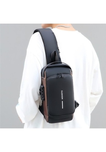 Yulong Arion Usb Şarj Portlu Ve Kilitli Omuz Ve Göğüs Çantası Kahverengi - Siyah