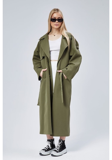 Kadın Oversize Astarlı Uzun Trençkot Haki