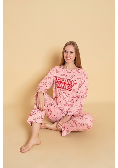 Kadın Penye Sıfır Yaka Uzun Kol Pijama Takımı Pembe Looney