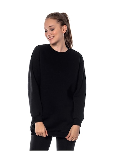 Caya Kadın Ekru Renk Uzun Kesim Basic Örme Sweatshirt Cy84197 Beyaz Siyah