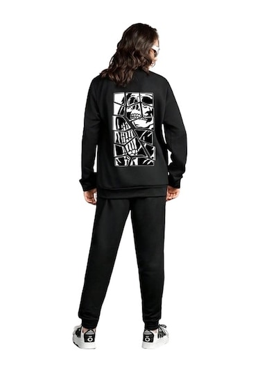 Uyguntarz Unisex Skullcracked Baskılı Bisiklet Yaka Eşofman Takımı Siyah