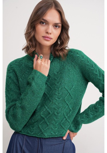 6855 Kadın Dik Yaka Saç Örgülü Triko Kazak Yeşil Yeşil