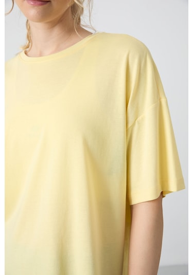 Tommy Life Sarı Penye Modal Yumuşak Tuşeli Oversize Fit Basic Kadın T-shirt- 97285 Sarı