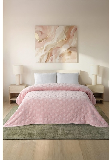 Amore Emboss Kabartmalı Kalpli Tek Kişilik Battaniye 160x220 Cm Pudra