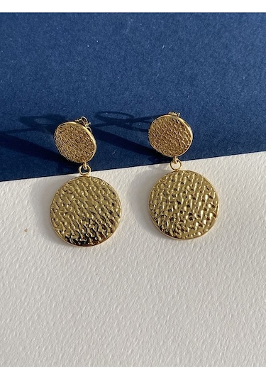 Vintage Yuvarlak Çelik Kararmaz Gold Kaplama Küpe Çifti Altın