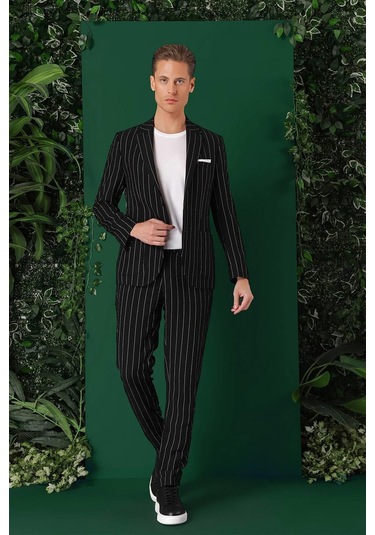 Comfort Fit Çift Yırtmaç İtalyan Çizgili Keten Casual Siyah Ceket C 671 Siyah