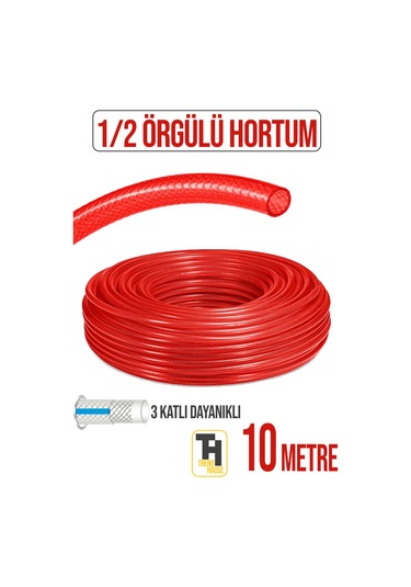 1/2 Örgülü Bahçe Hortumu Çatlamaz, Kırılmaz, Esnek 10 Metre Kırmızı