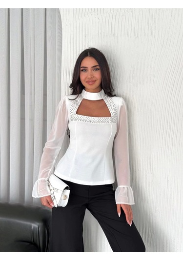 Modaserdem Kolları Şifon Göğüste İnci Boncuk Detaylı Bluz - Beyaz Beyaz