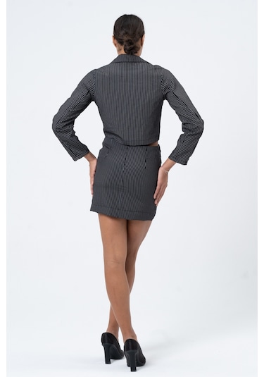 Mois Atelier Crop Ceket Etek Siyah Çizgili Takım,Tasarım,Hediye,Büyük Beden Siyah
