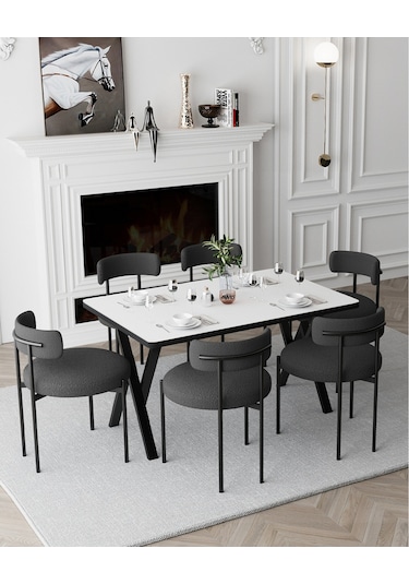 Avvio Margo Teddy Sandalye 80x140 Yemek Masası Mutfak Masası 6 Kişilik Masa Sandalye Takımı Düz Beyaz