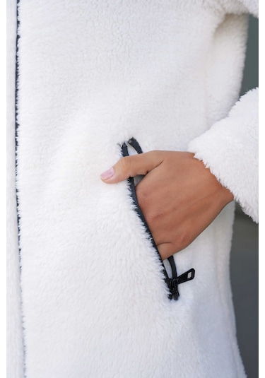 Giyim Dünyası Kadın Peluş Kapşonlu Uzun Kaban Ekru 001