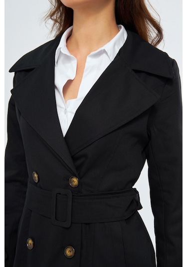 %100 Pamuk Ekstra Uzun 120cm Kruvaze Kadın Trençkot 1121 Siyah