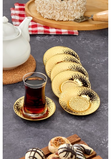 Cooker 6'lı Metal Dövme Desen Çay Tabağı Gold Ckr3579 Gold